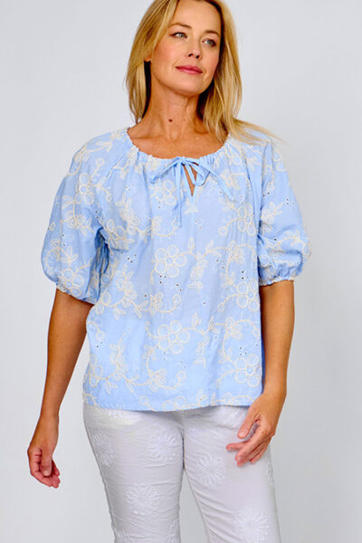 Gathered Tie Cotton Top Blue La Strada