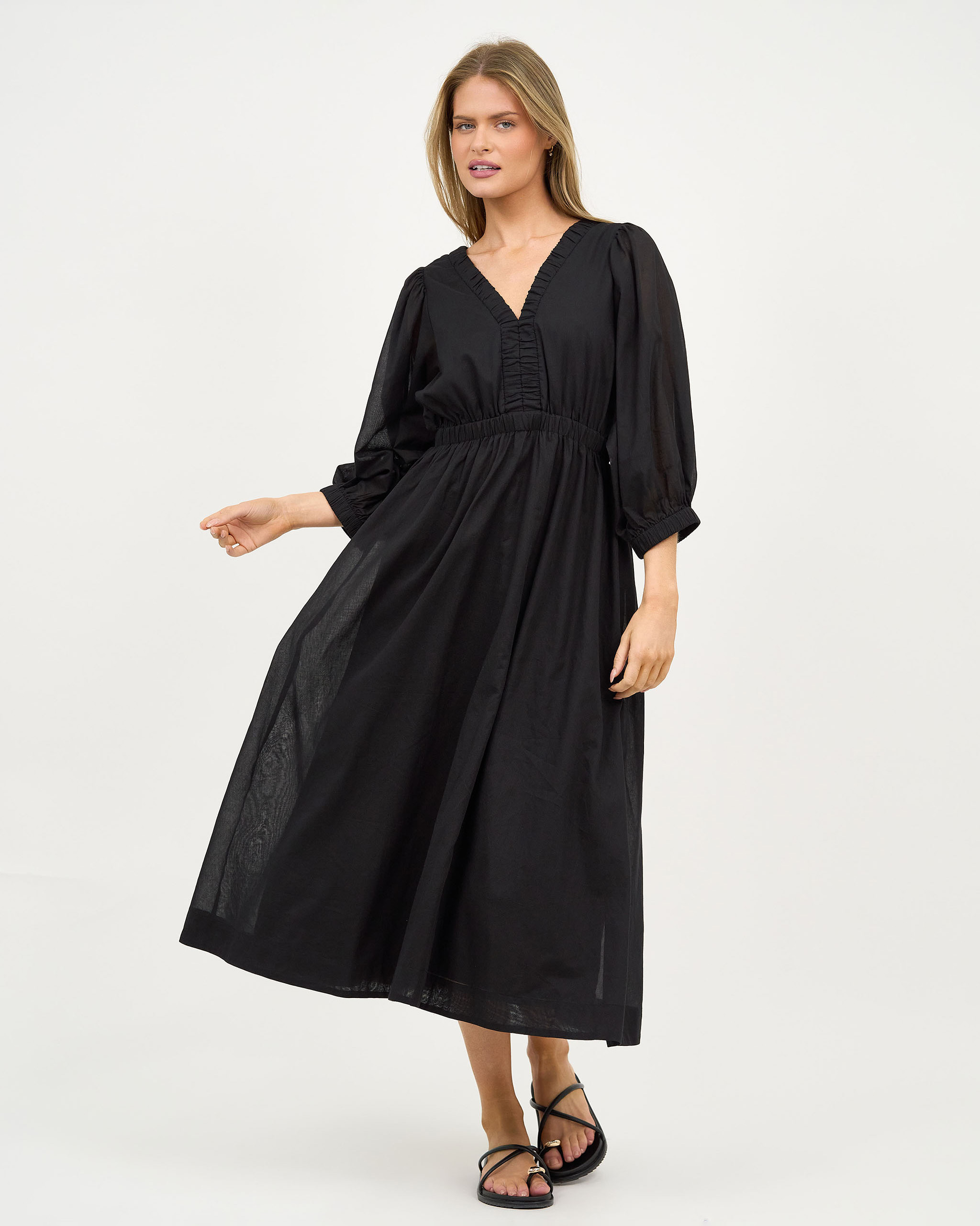 Gathered Neckline Midi Dress Black Liberty Rose Gathered Neckline Midi Dress Black Liberty Rose