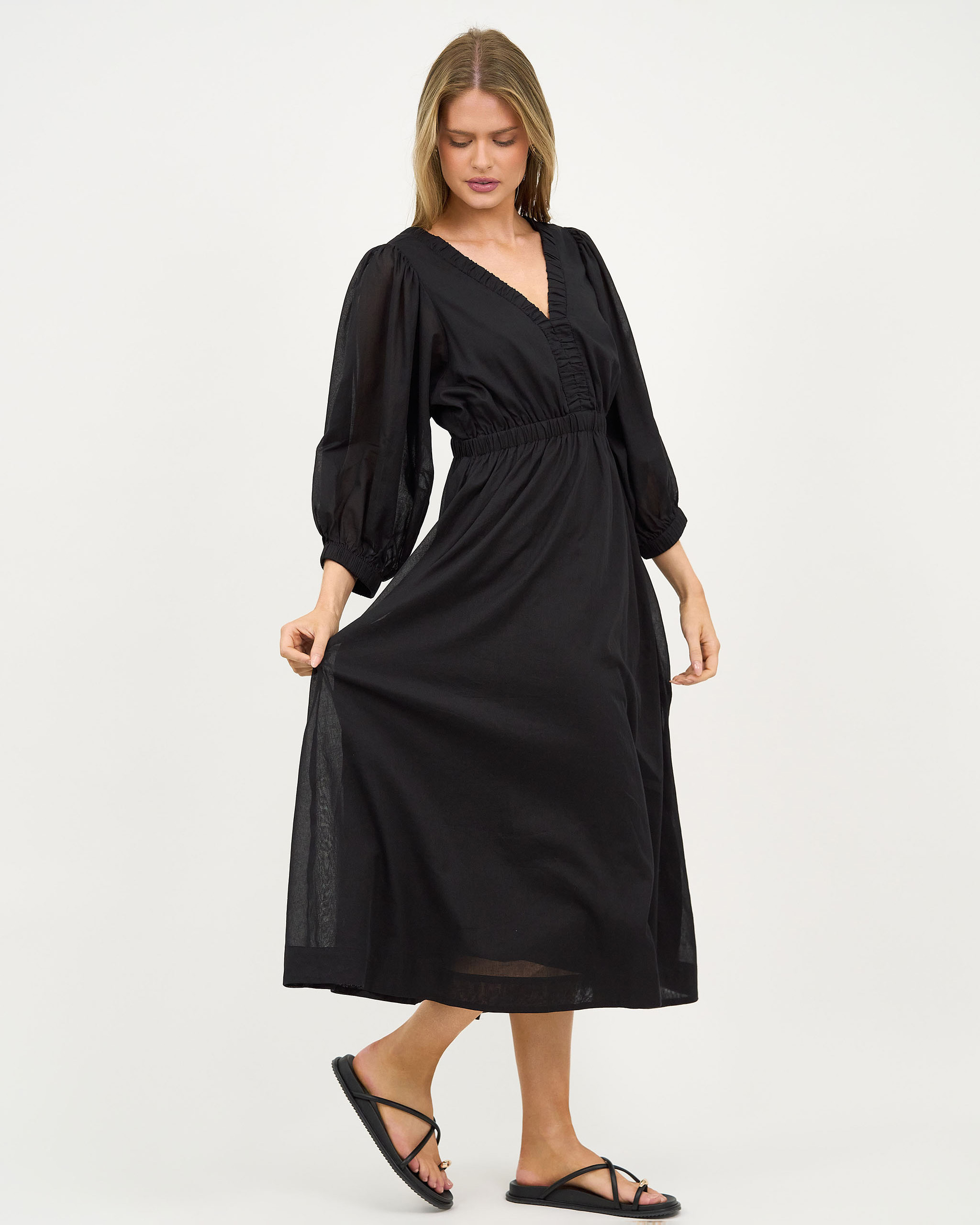 Gathered Neckline Midi Dress Black Liberty Rose Gathered Neckline Midi Dress Black Liberty Rose