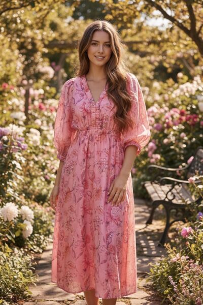 Gathered Neckline Midi Dress Pink Liberty Rose Gathered Neckline Midi Dress Pink Liberty Rose