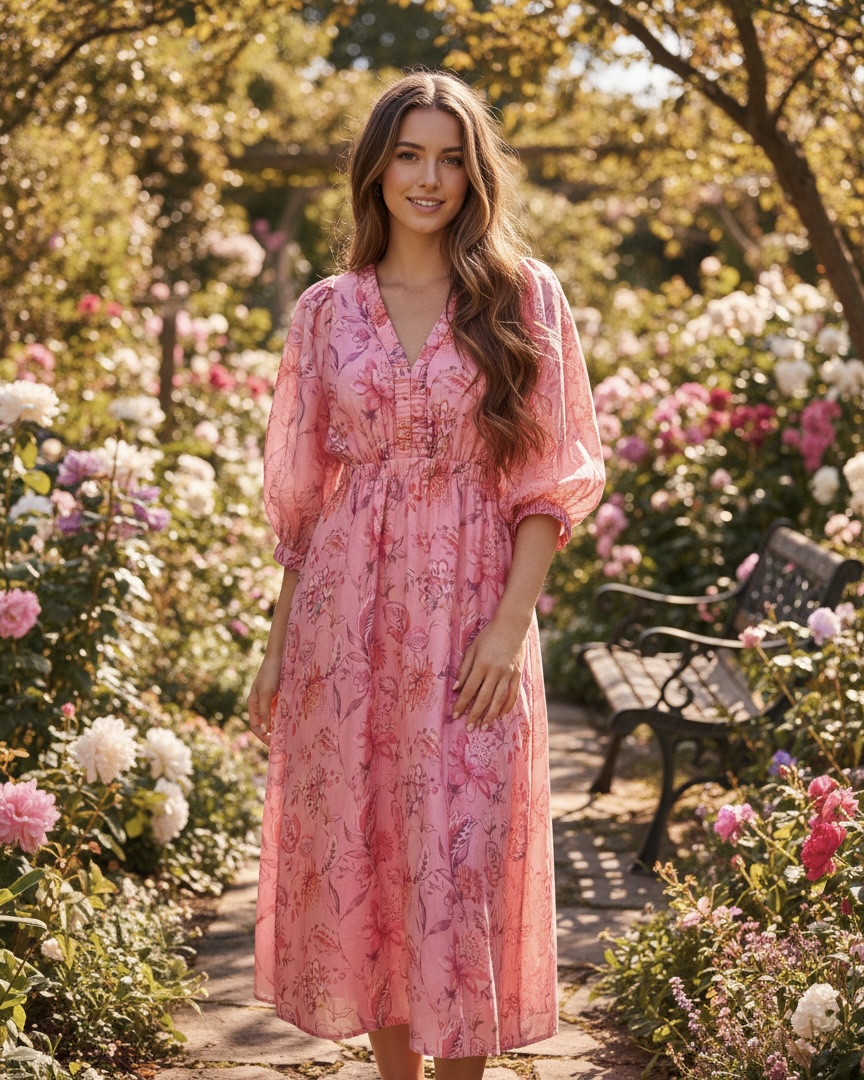 Gathered Neckline Midi Dress Pink Liberty Rose Gathered Neckline Midi Dress Pink Liberty Rose