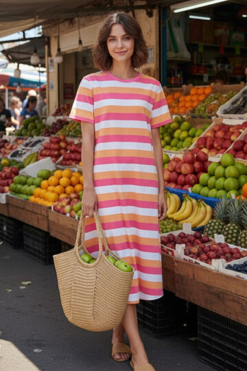 Cotton Jersey Stripe Dress Fuchsia Liberty Rose