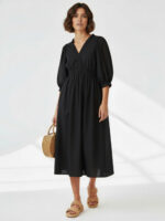 Gathered Neckline Midi Dress Black Liberty Rose Gathered Neckline Midi Dress Black Liberty Rose