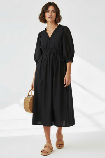 Gathered Neckline Midi Dress Black Liberty Rose Gathered Neckline Midi Dress Black Liberty Rose