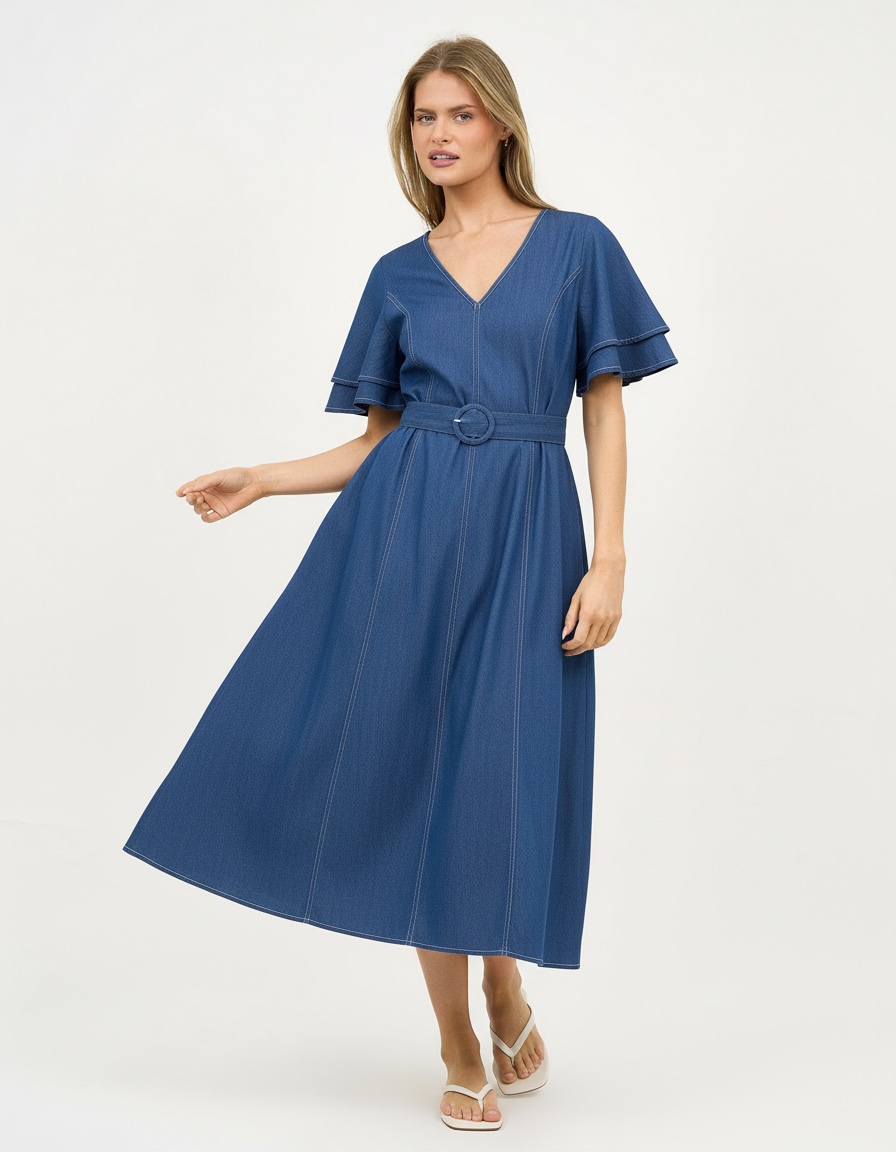 Denim Frilled Sleeve Dress Light Denim Liberty Rose Denim Frilled Sleeve Dress Light Denim Liberty Rose