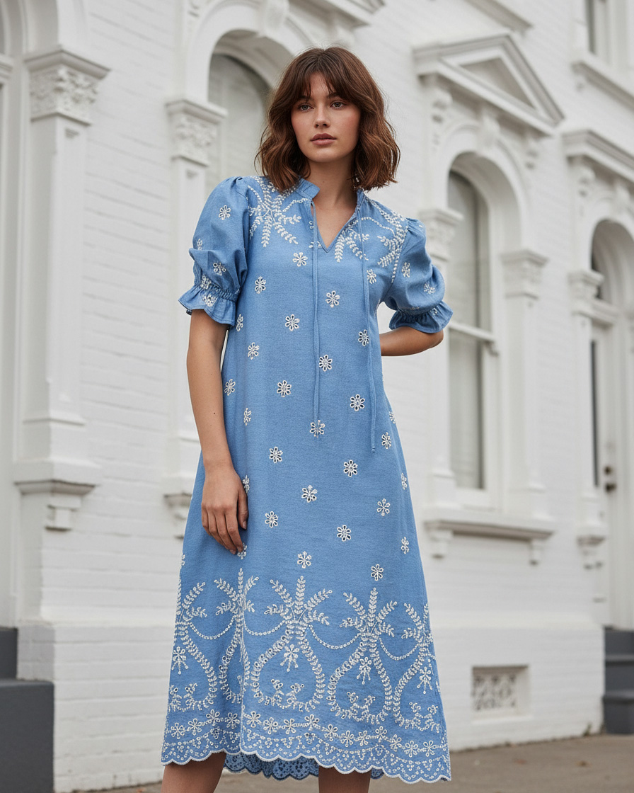 Embroidered Denim Dress Light Denim Liberty Rose Embroidered Denim Dress Light Denim Liberty Rose