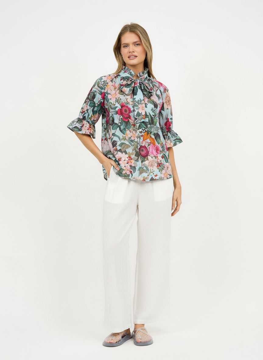 Frill Neck Tie Top Light Blue Liberty Rose Frill Neck Tie Top Light Blue Liberty Rose