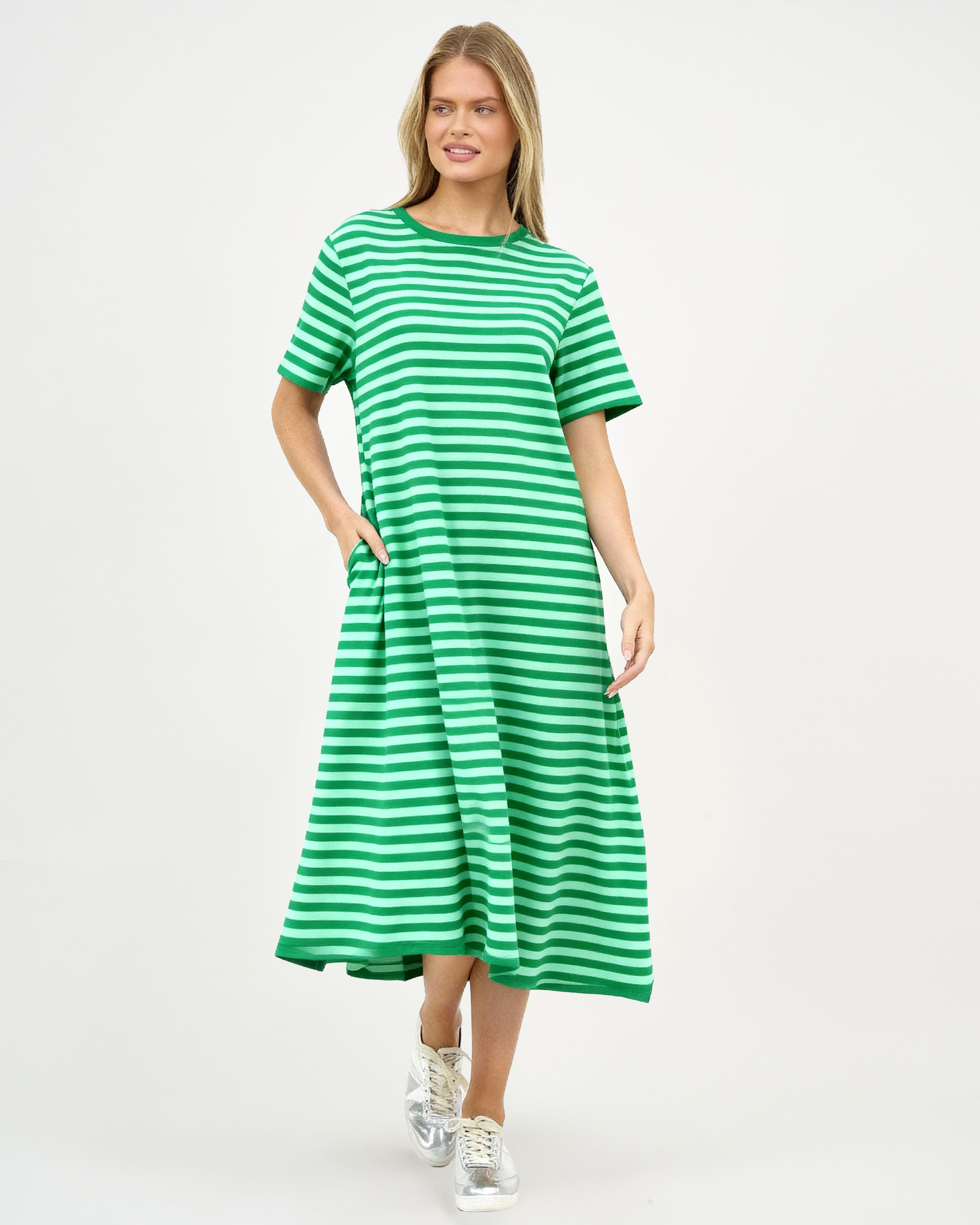 Cotton Jersey Stripe Dress Green Liberty Rose Cotton Jersey Stripe Dress Green Liberty Rose