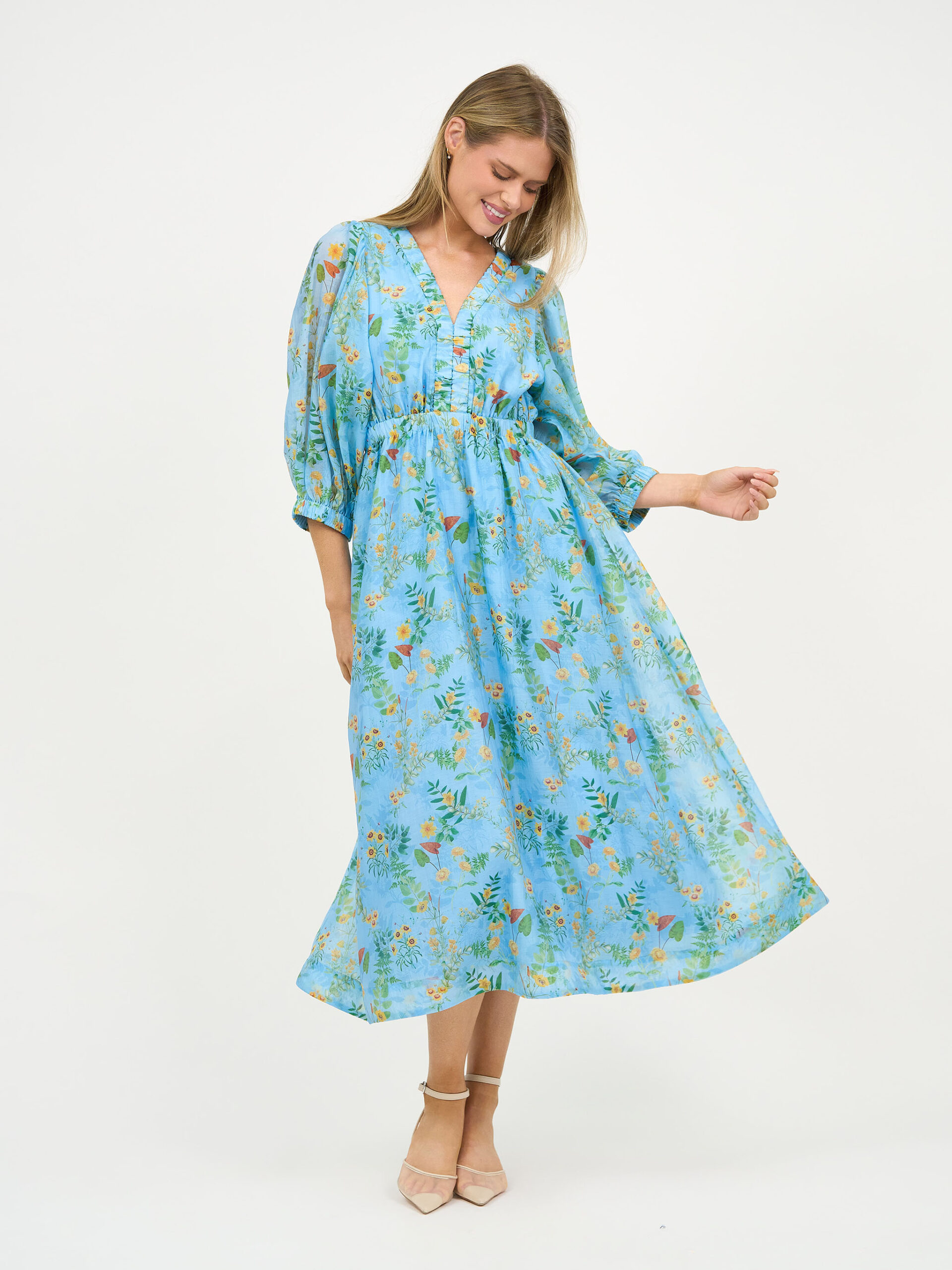 Gathered Neckline Midi Dress Sky Blue Liberty Rose Gathered Neckline Midi Dress Sky Blue Liberty Rose
