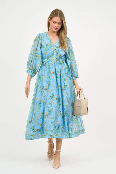 Gathered Neckline Midi Dress Sky Blue Liberty Rose Gathered Neckline Midi Dress Sky Blue Liberty Rose