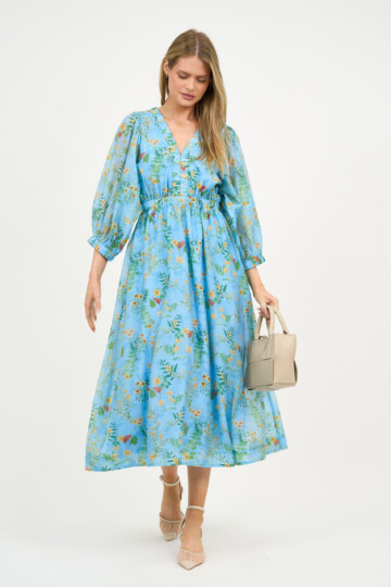 Gathered Neckline Midi Dress Sky Blue Liberty Rose