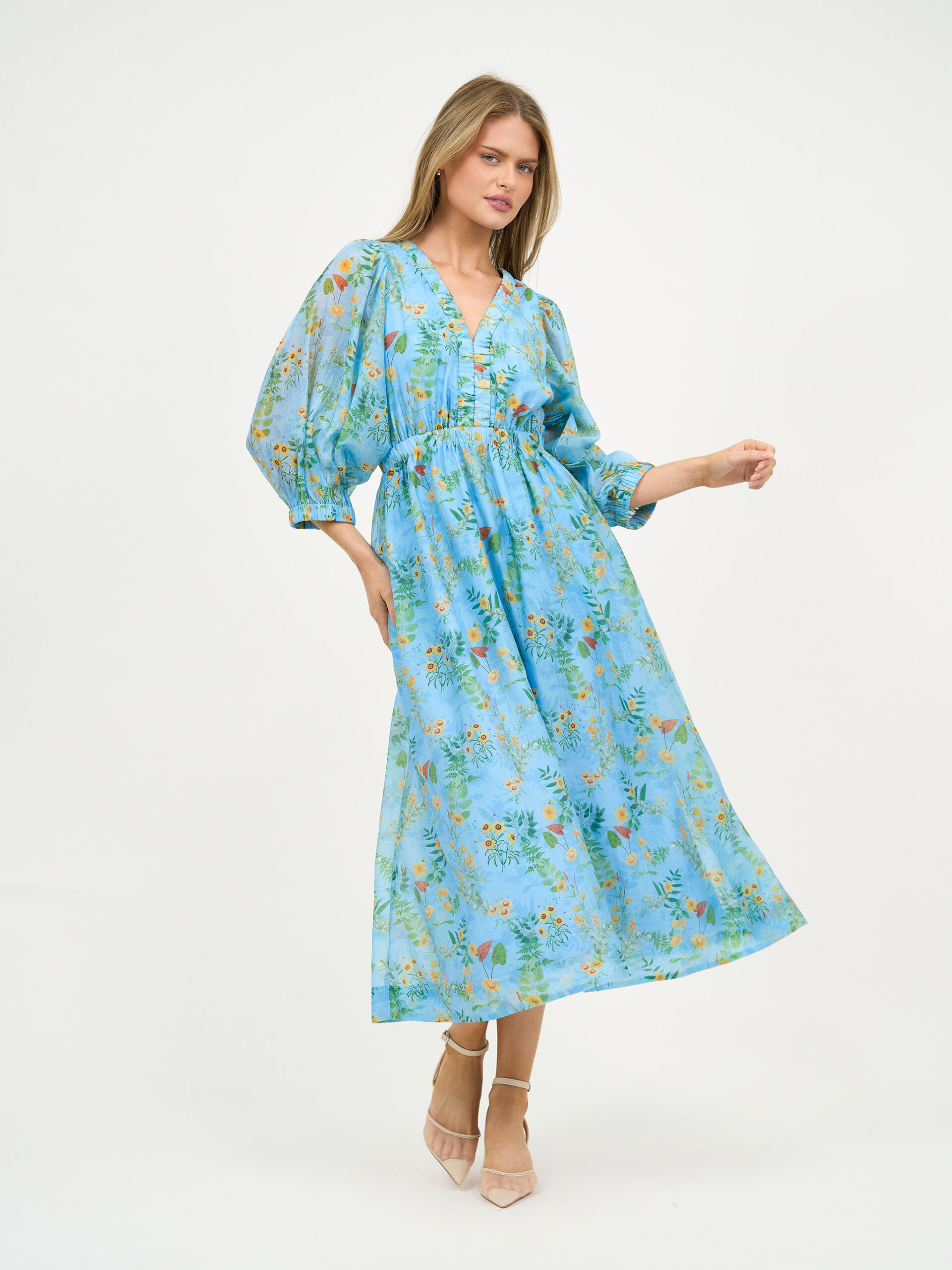 Gathered Neckline Midi Dress Sky Blue Liberty Rose Gathered Neckline Midi Dress Sky Blue Liberty Rose