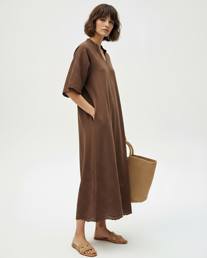 Embroidered Cotton Dress Chocolate Liberty Rose Embroidered Cotton Dress Chocolate Liberty Rose