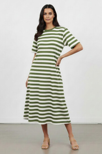 Cotton Jersey Stripe Dress Khaki Liberty Rose