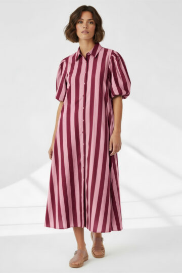 Maxi Cotton Shirt Dress Burgandy Liberty Rose