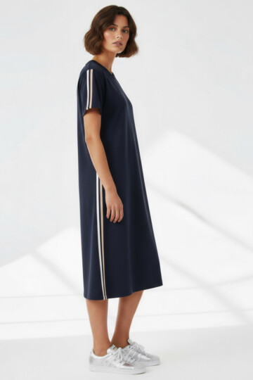 Cotton Side Stripe Jersey Dress Navy Liberty Rose