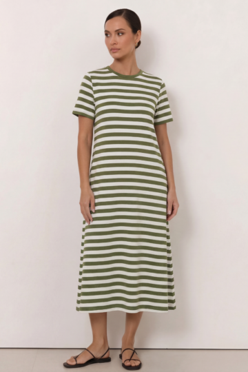 Cotton Jersey Stripe Dress Khaki Liberty Rose