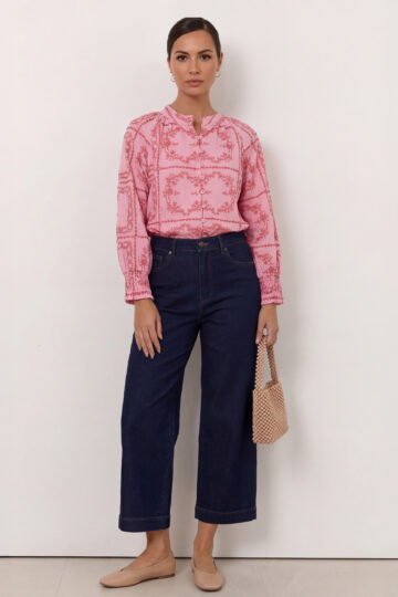 Embroidered Button Detail Top Pink Liberty Rose