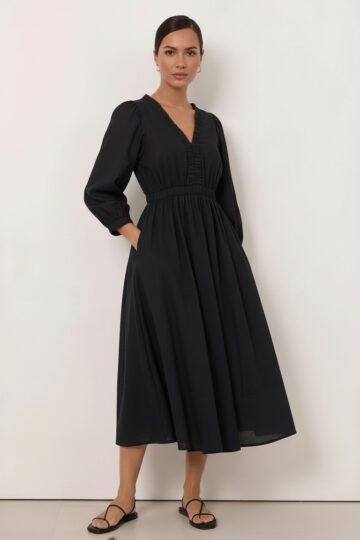 Gathered Neckline Midi Dress Black Liberty Rose
