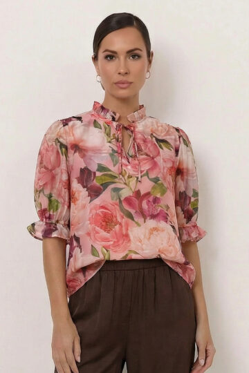 Frill Neck Tie Top Pink Liberty Rose