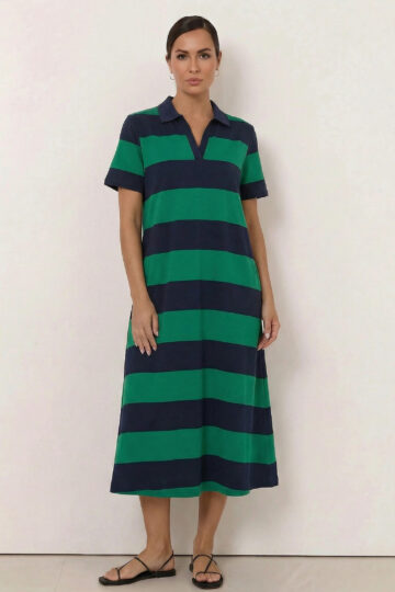 Polo Cotton Jersey Stripe Dress Green Liberty Rose