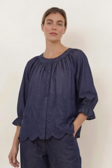 Embroidered Denim Gathered Shirt Dark Denim Liberty Rose