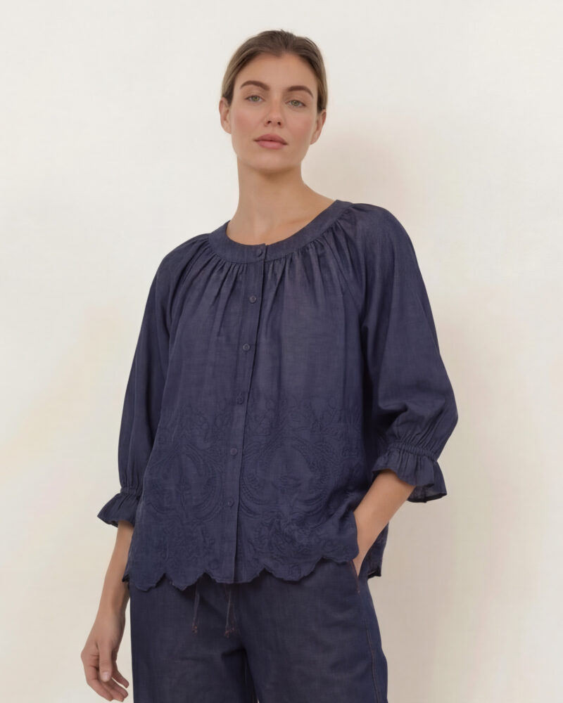 Embroidered Denim Gathered Shirt