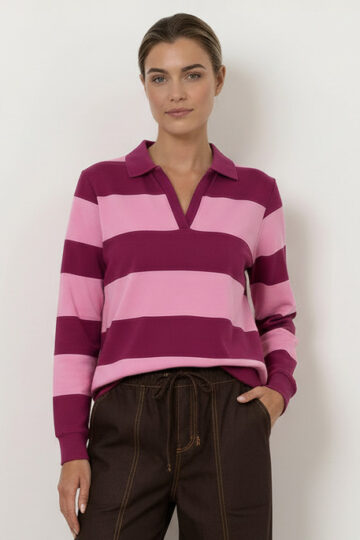 Cotton Jersey Long Sleeve Polo Top Pink Liberty Rose