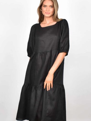 Linen Tiered Dress Black Adorne