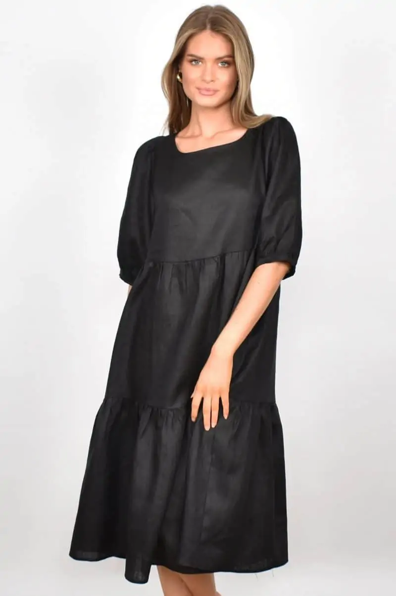 Linen Tiered Dress - Black - Adorne - Florence Store